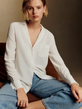 Sezane Ecru (Ivory) Florence Button-Front Top 100% Silk FR34/US 2